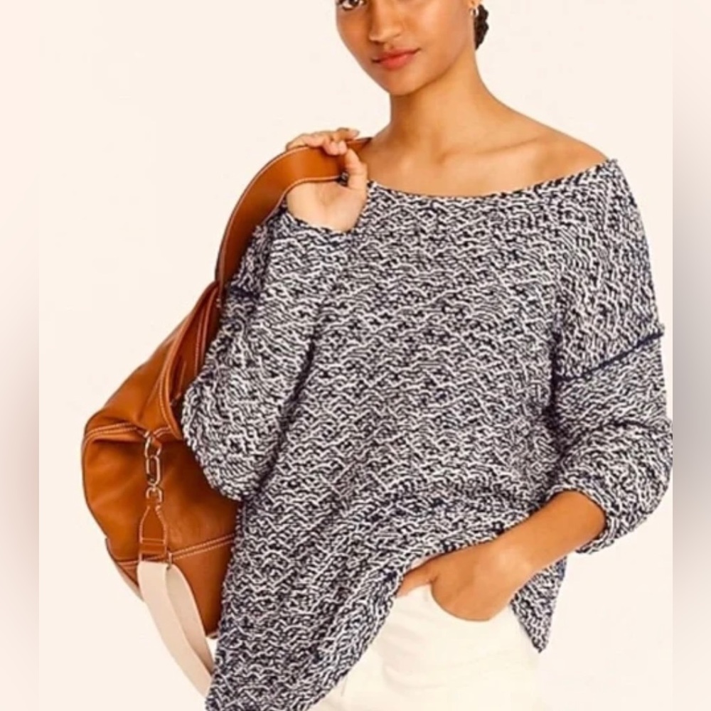 J. Crew Relaxed Wide Neck Knit Sweater Navy Pebble Large